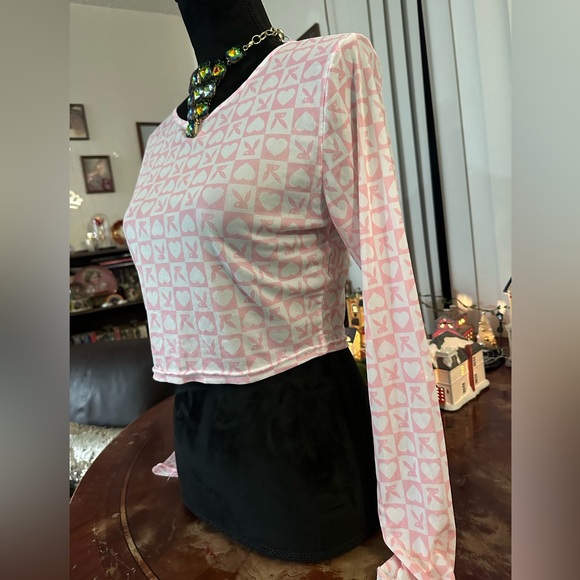 Long sleeved See through Pink and White Authentic Playboy Bunny Crop Top Sz Lrg - Picture 3 of 6